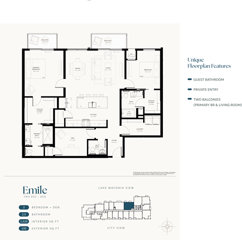 Floor plan for 2 beds, 2.5 baths, 1520 sqft